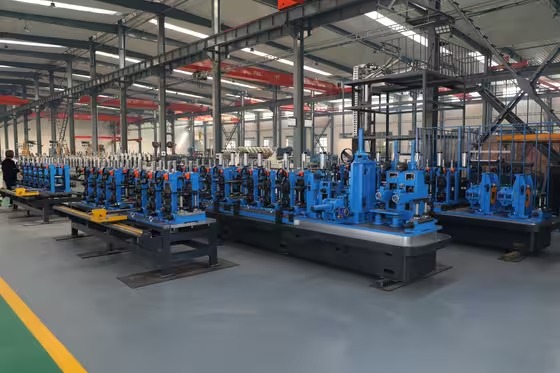 ERW tube production line under assembly in the factory workshop