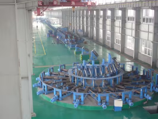Large-diameter steel pipe production line inside the manufacturing workshop