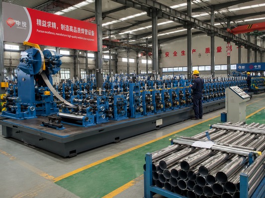 ZY16 small-diameter ERW tube mill line with finished steel tubes in the Zhongyue workshop
